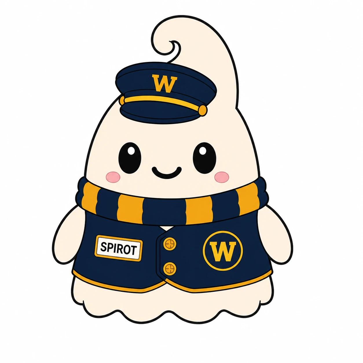Ivory ghost-like wisp with curled top, scalloped base, bright eyes, rosy cheeks, navy waistcoat with golden edging, W crest, SPIROT name tag, striped navy-and-mustard scarf and small navy conductor cap.