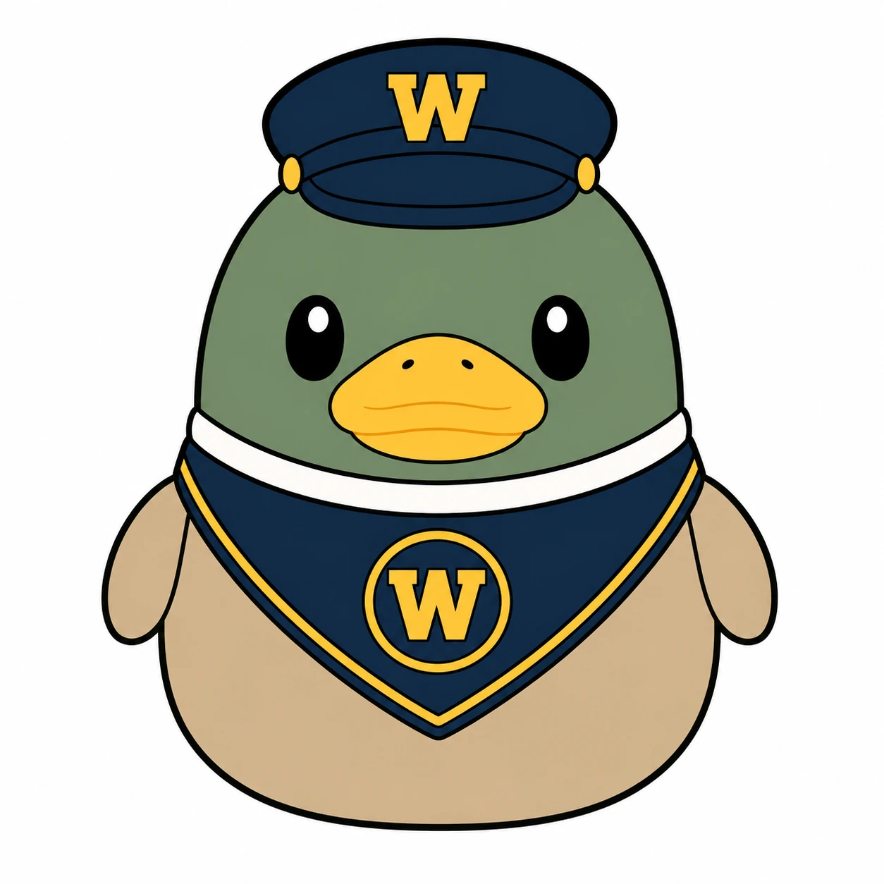 Two-tone duck with soft green head, tan belly, white neck ring, warm yellow beak and webbed feet, dark navy triangular scarf with yellow border and centered W emblem, and matching navy W cap.