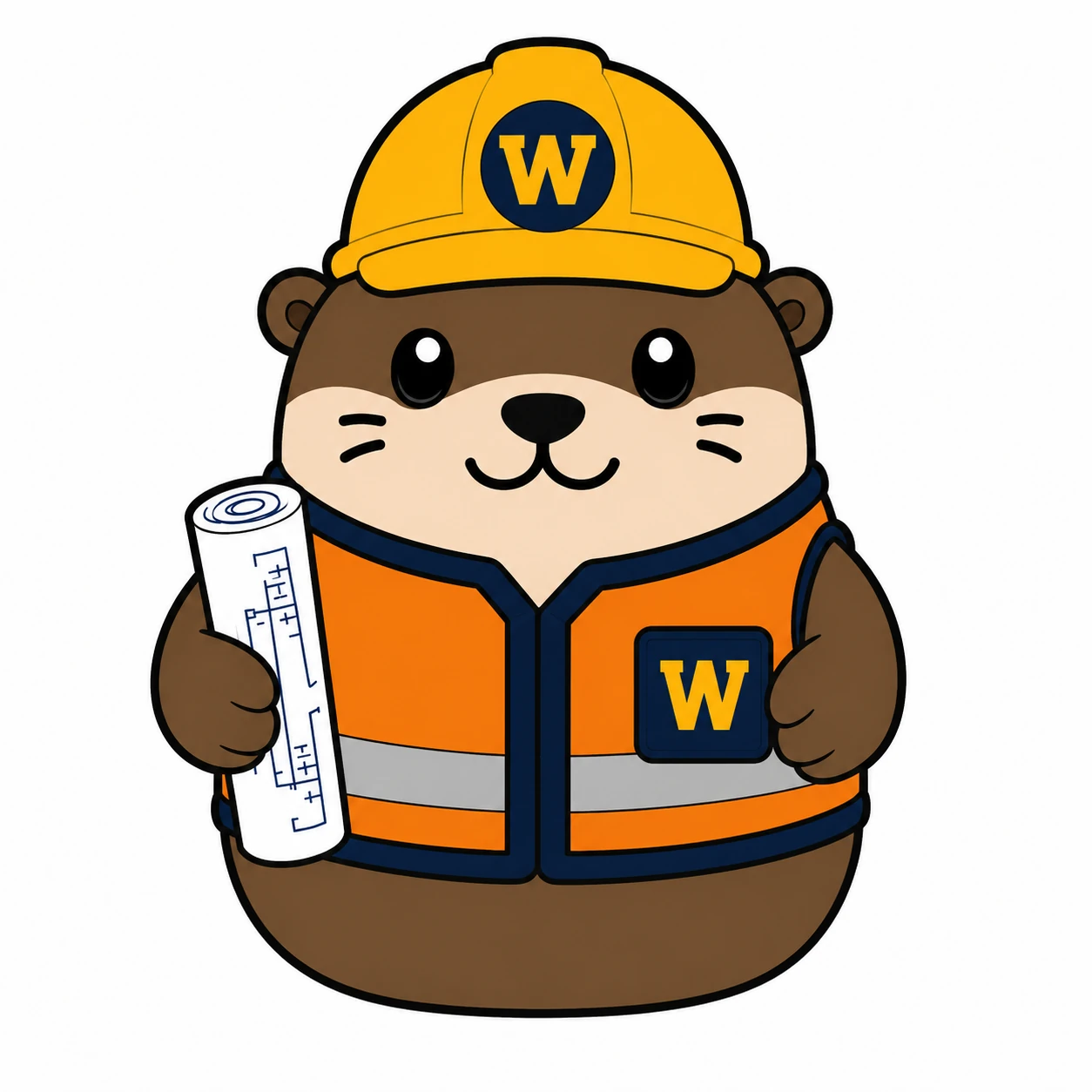 Rich brown otter with cream muzzle, small round tail, orange and navy high-visibility vest with reflective silver stripes, yellow W hard hat, and rolled blueprints tucked under one arm.