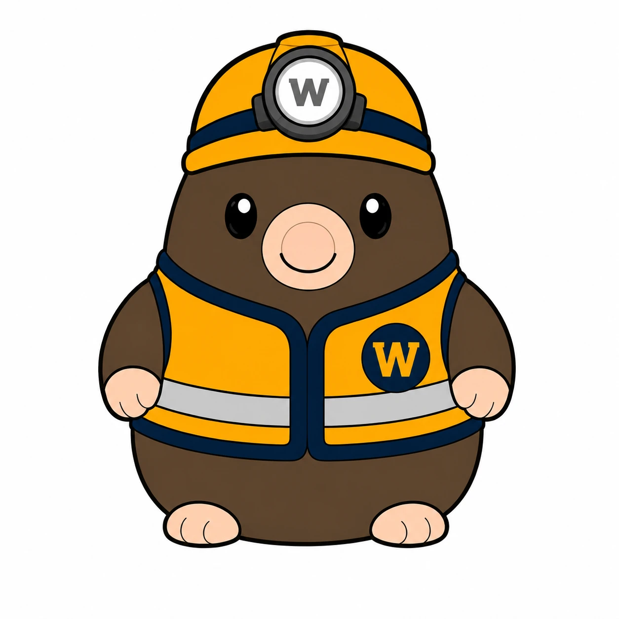 Teardrop-shaped mole with dark brown upper body, lighter brown lower body, pink nose, tiny ears, gentle eyes, mustard-yellow safety vest with navy edging, reflective stripe, yellow miner helmet and centered W headlamp.