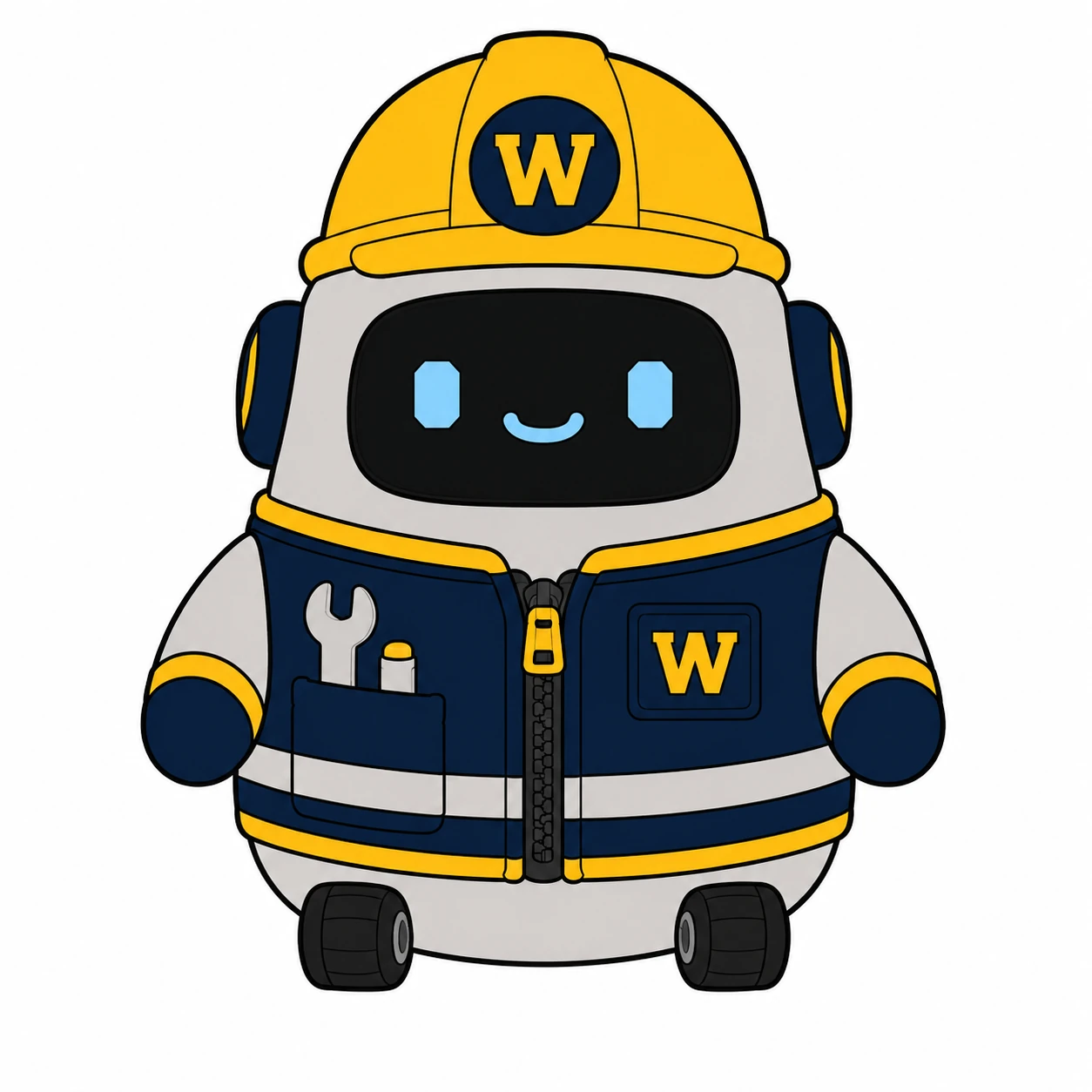 Rounded cylindrical robot with grey body, navy and yellow bands, four small wheels, navy gloves, tool-pocket jacket with mustard trim, circular W ear covers, yellow hard hat and glowing cyan digital face.