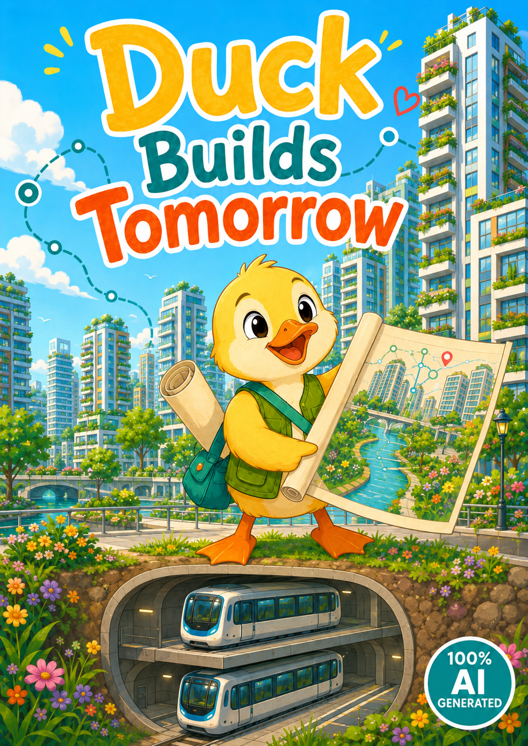Duck Builds Tomorrow — Canal Duck holds a plan for a green city above a double-stacked metro.