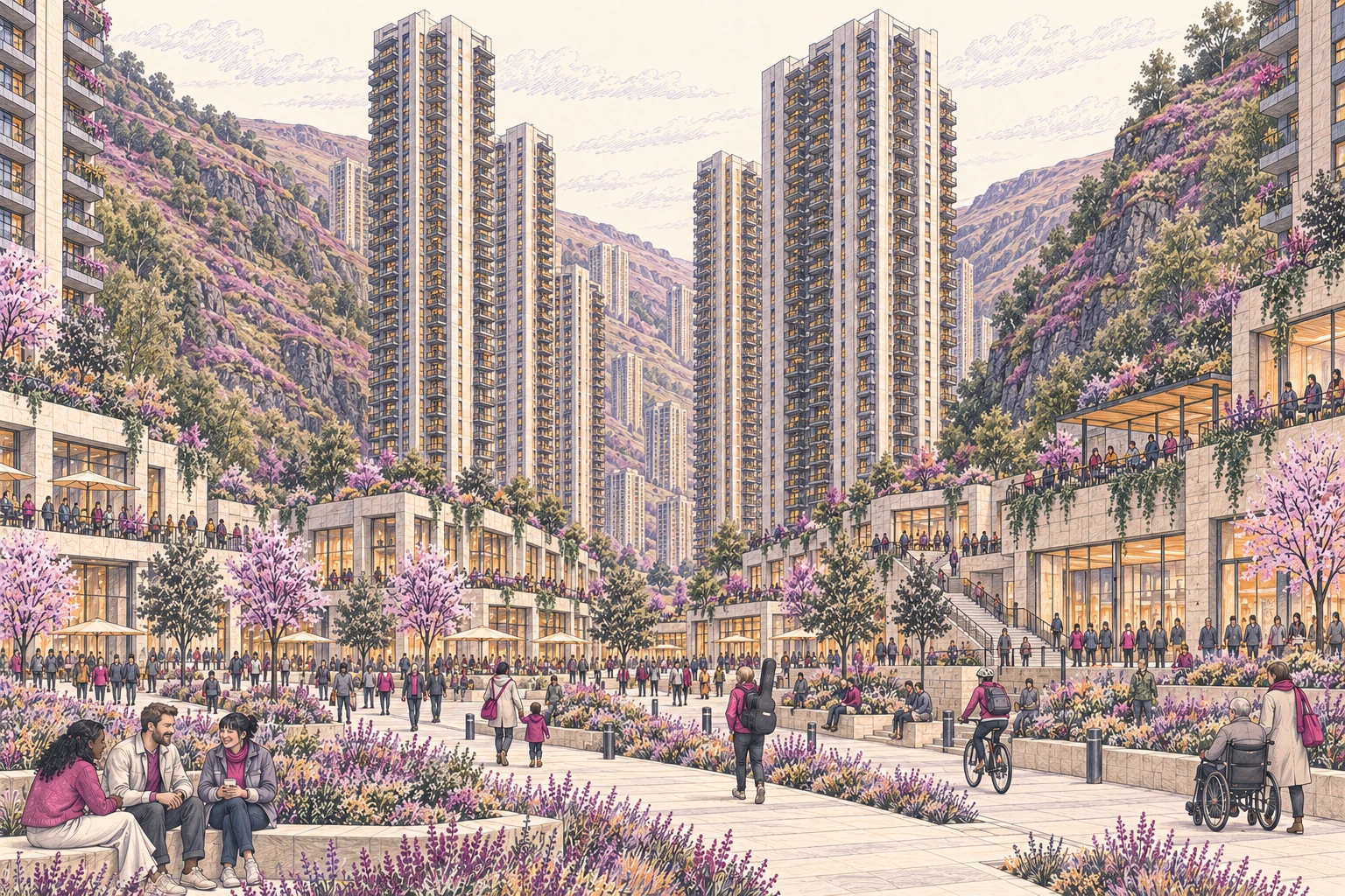 Illustration of homes on shared podiums around a public square, enclosed by steep Pennine hills.
